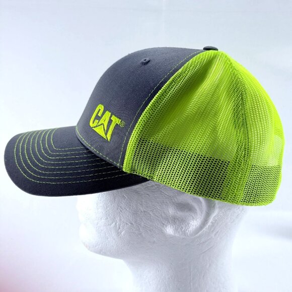CAT Caterpillar Gray Neon Green Mesh Snapback Trucker Baseball Cap Hat - Picture 6 of 8